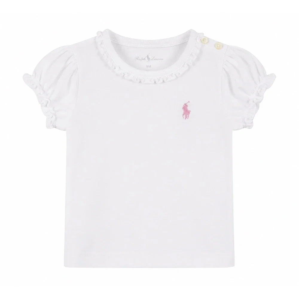 Ralph Lauren Baby Girls White Ruffle Neck Pony Logo‎ T-Shirt 9M preppy classic